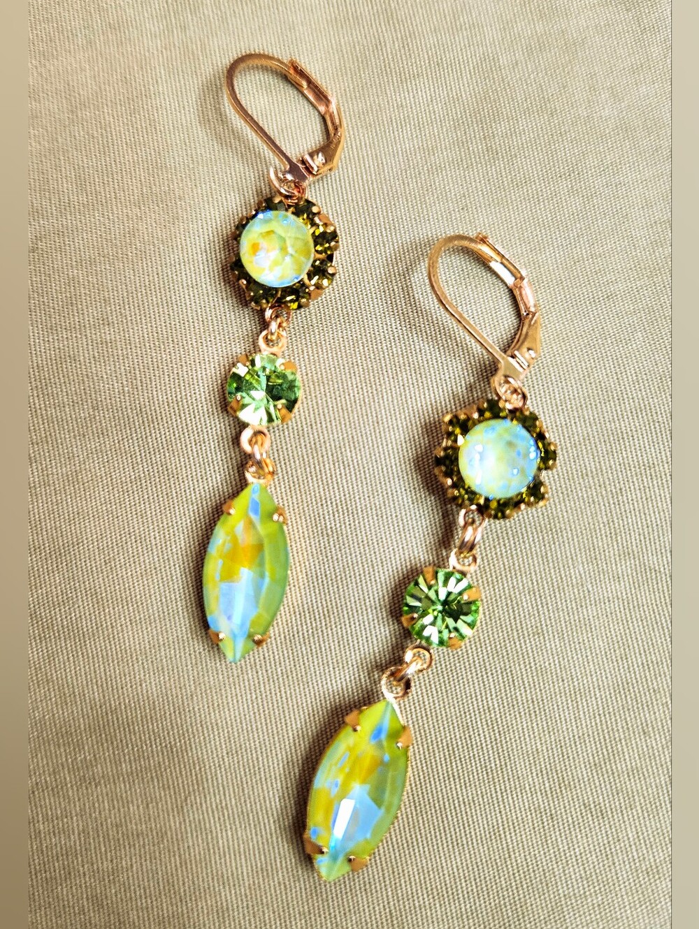 Victorian Bright Apple Green Swarovski Crystals In Ornate Gold Plated Earrings